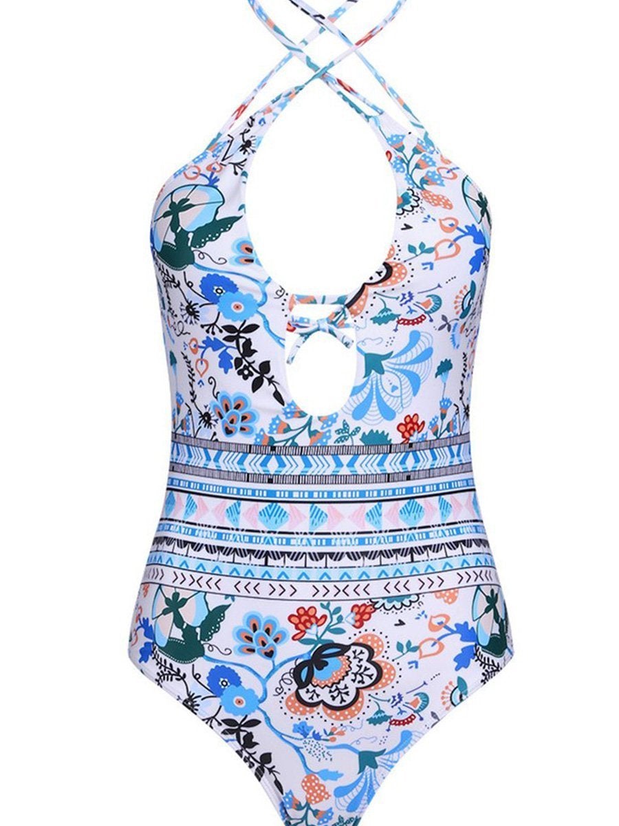 Floral Print Crisscross Strappy Low Back High Leg Deep V One-piece Swimsuit - Fashionpara