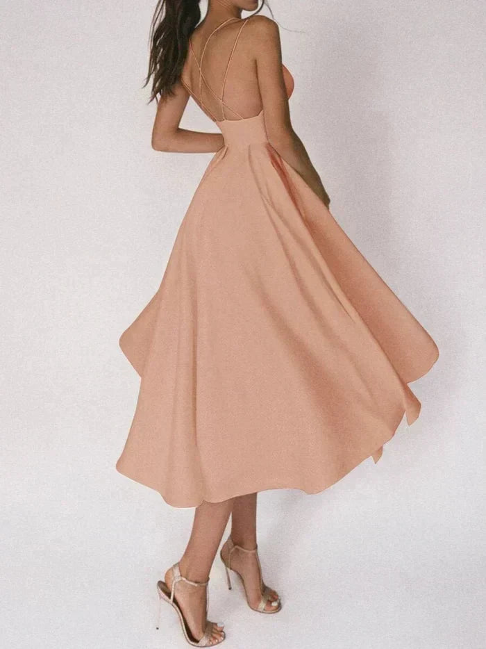 Double Strap Deep V-Neck Cinched Waist Midi Cocktail Dress - View 16
