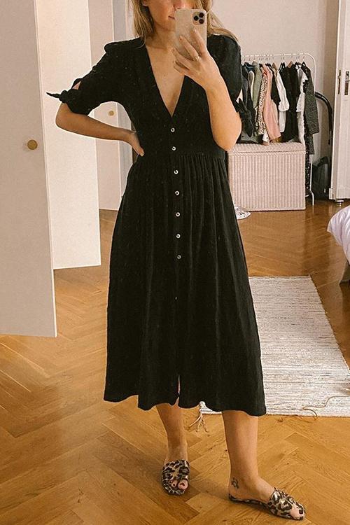 Deep V-Neck Puff Sleeve Tie Cuff Button Front A-Line Midi Dress - View 9