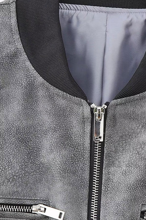Washed Faux Leather Bomber Jacket