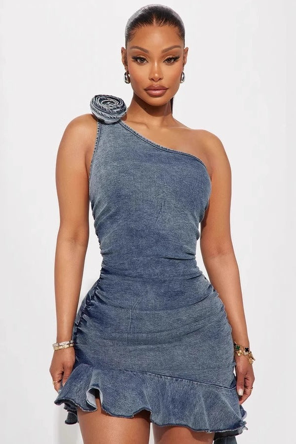 Floral Ruched Denim Dress