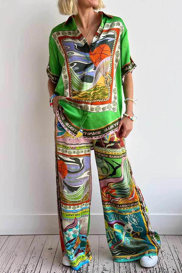 Unique Printed Lapel Short-sleeved Loose Shirt and Elastic Waist Tie Wide-leg Pants Set - Fashionpara