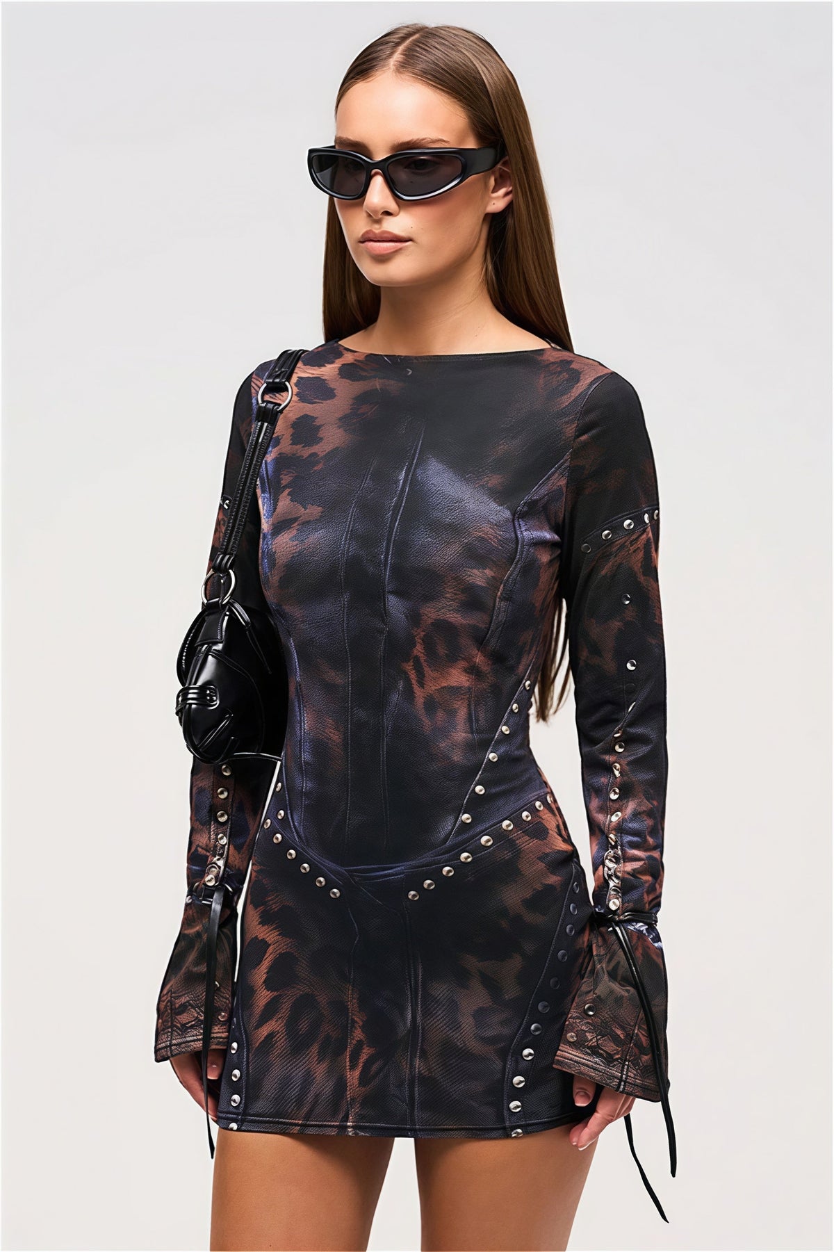 Leopard Studded Lace Up Sleeve Bodycon Mini Dress