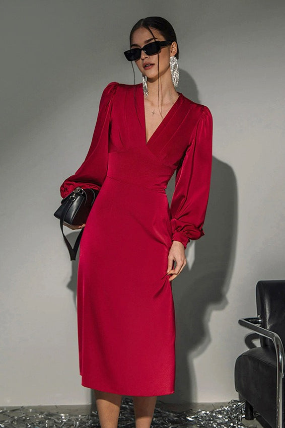 Luxury Satin Puff Sleeve Red Mermaid Midi Formal Dress