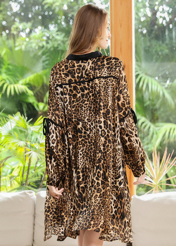 Animal Print Contrast Collar Bishop Sleeve Ribbon Tie Shirt Mini Dress - View 3