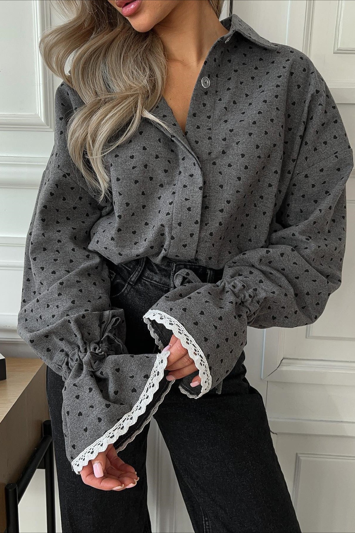 Lace Cuff Polka Dot Collar Blouse - Fashionpara