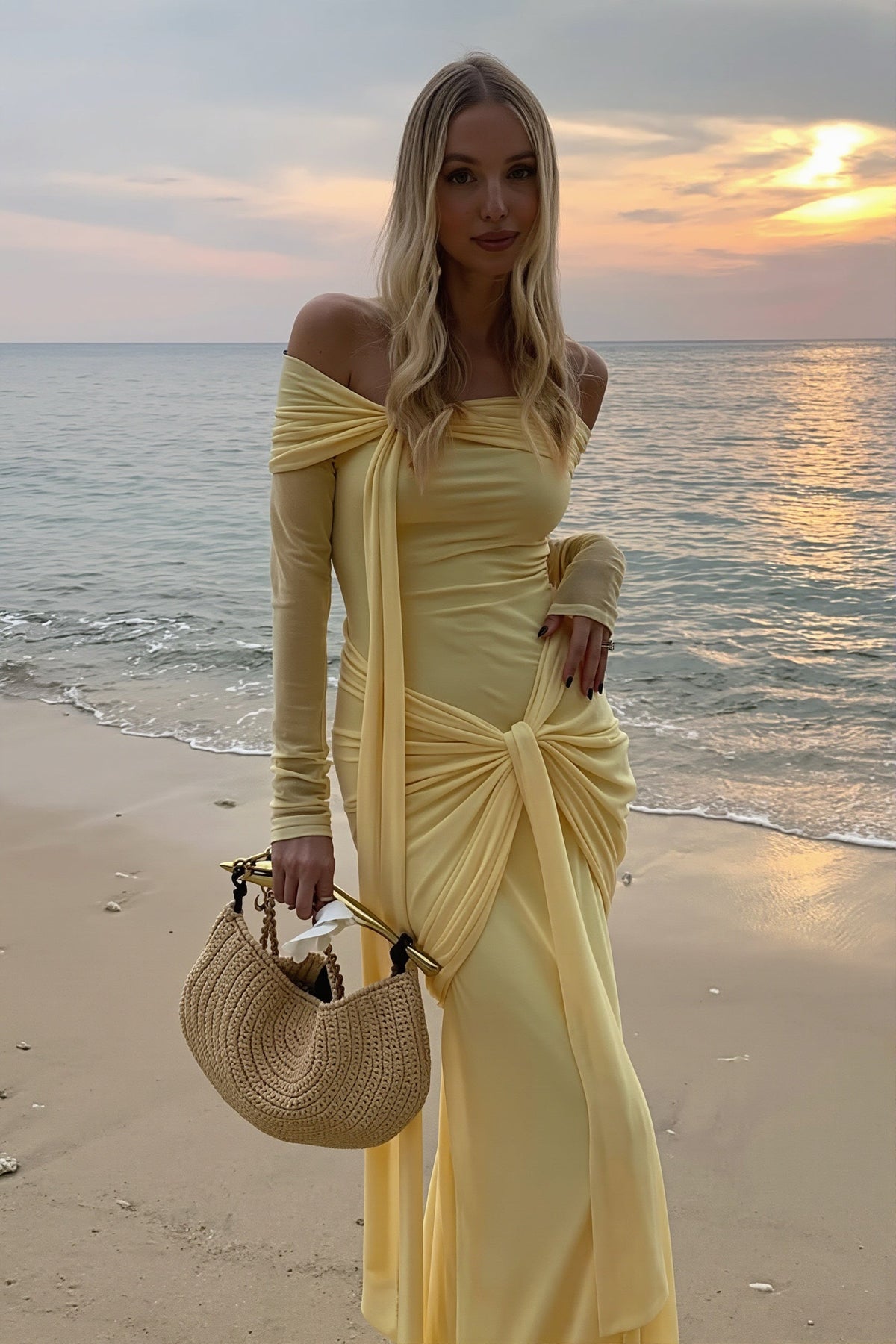 Draped Off Shoulder Long Sleeve Twist Front Maxi Gown