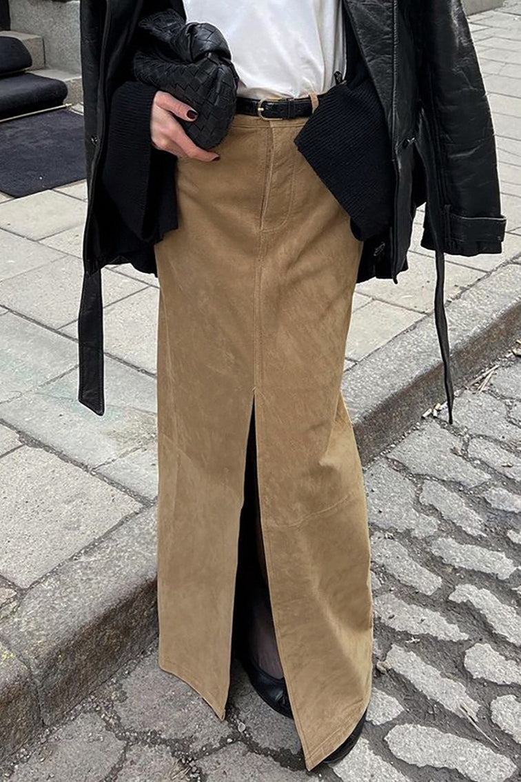 Vintage High-Waist Suede Maxi Skirt