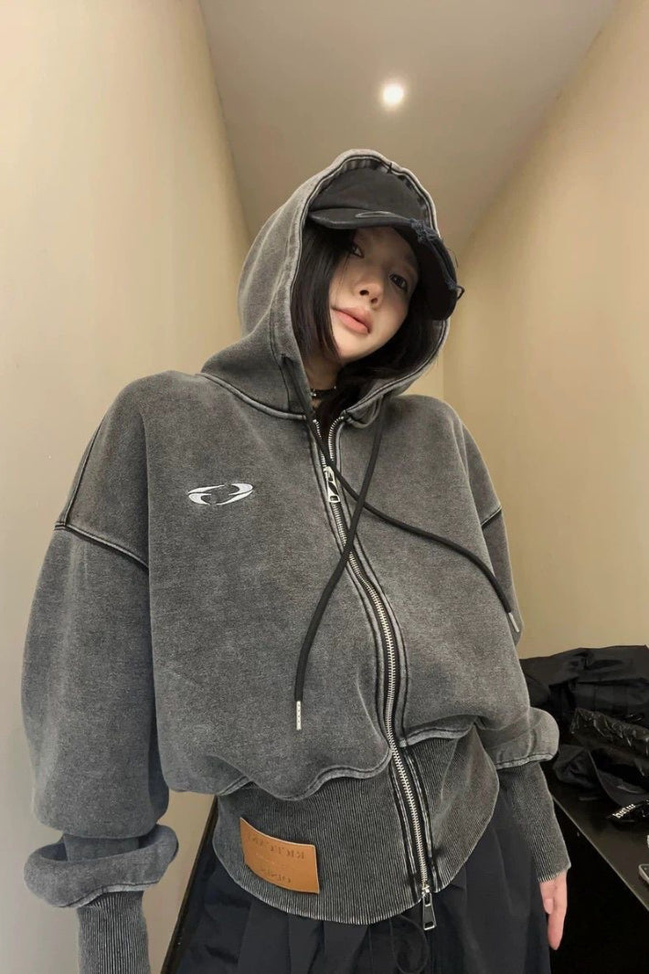 Washed Embroidered Cropped Hoodie