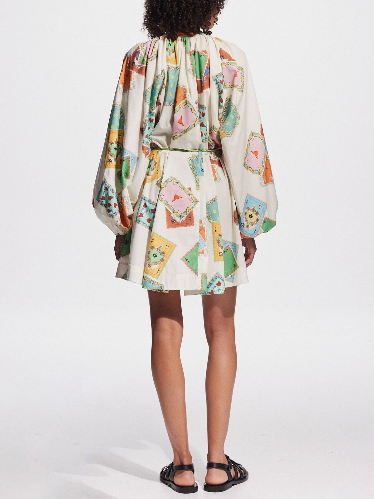 Playing Card Print V-Neck Long Sleeve Mini Dress