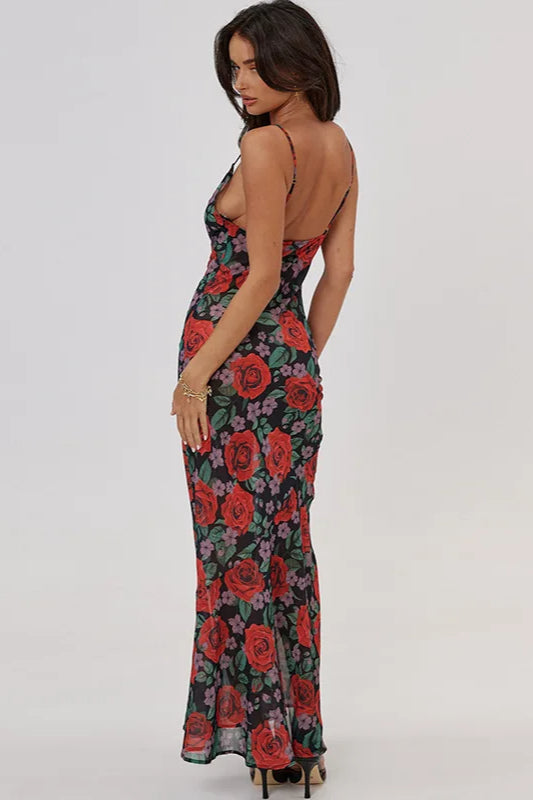 Floral Print Draped Sleeveless See-Through Maxi Dress