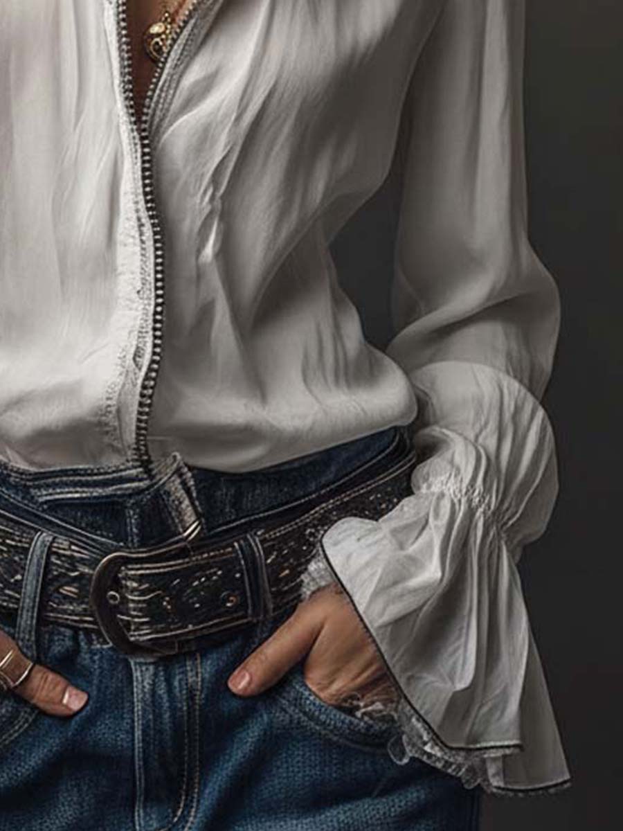 White Zip-Front Blouse With Flounce Cuffs - Fashionpara