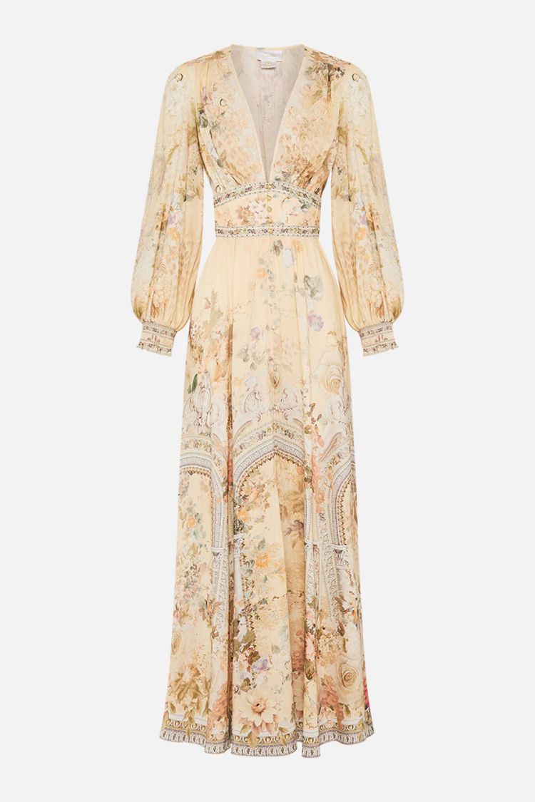 Printed V-neck Long-sleeved Puff Sleeve Waist Maxi Dress - Fashionpara