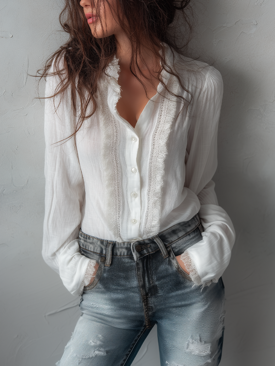Vintage Lace Trim Long Sleeve Cotton Blouse - Fashionpara