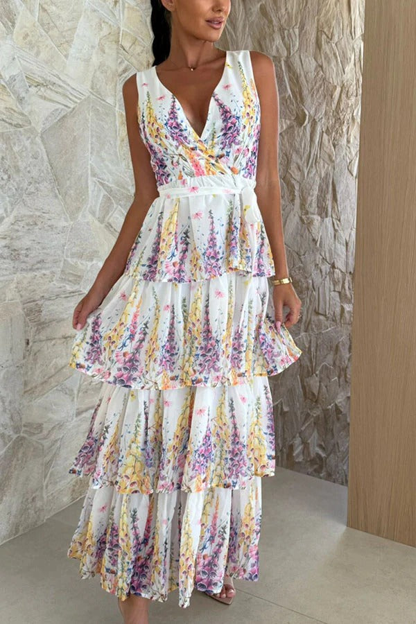 Sunny Views Lavender Print V-neck Tie-up Tiered Maxi Dress - Fashionpara