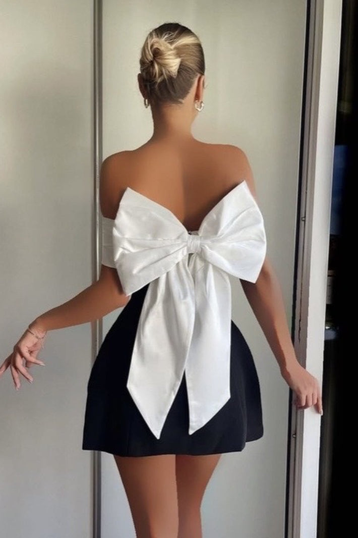 Two-Tone Off-Shoulder Fit-and-Flare Mini Dress