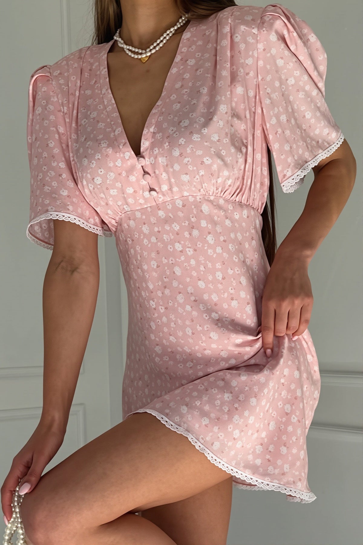Floral V-Neck Flutter Sleeve Lace Trim Mini Dress