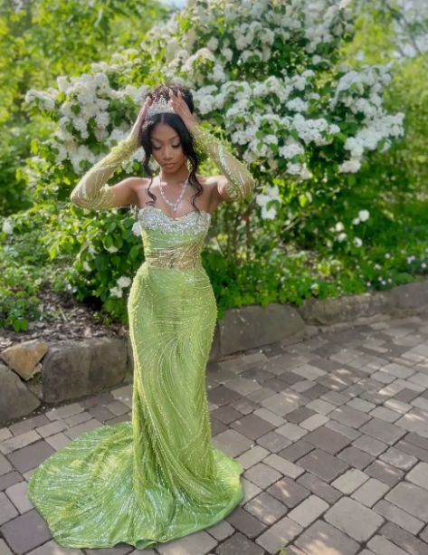 Sweetheart Neck Sheath Long Prom Dresses Tulle Sequins Green Evening Dresses - Fashionpara