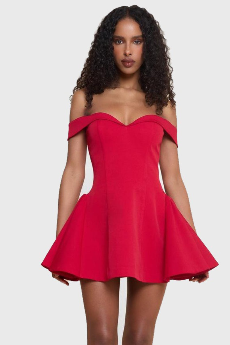 Contrast Bind Off Shoulder Pleated Fit and Flare Mini Dress