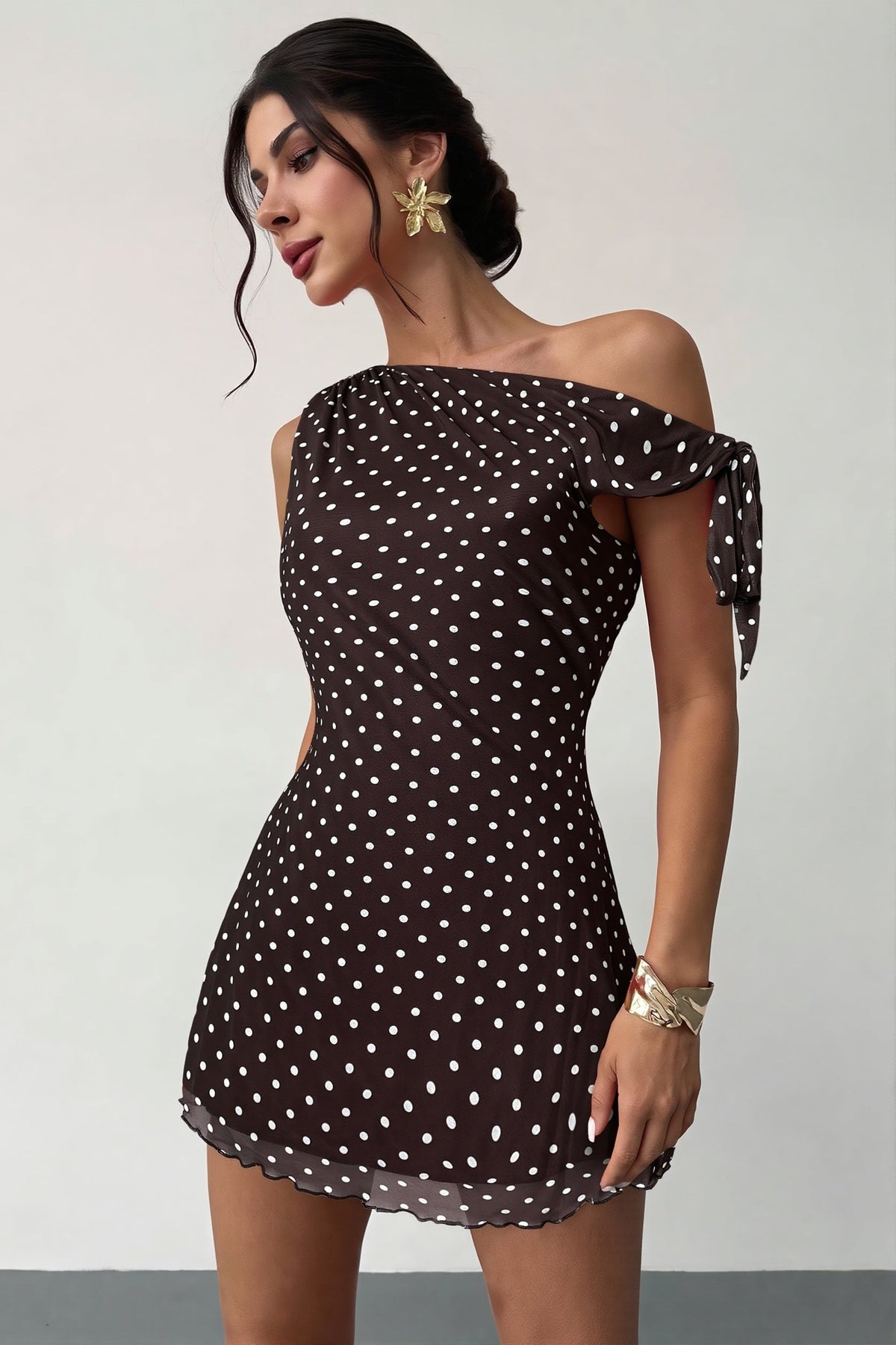 Floral One Shoulder Tie Front Draped Mini Dress