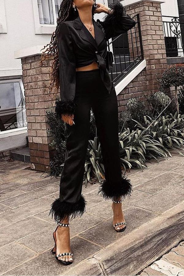 Solid Color Lapel Feather Trousers Two-piece Suit - Fashionpara