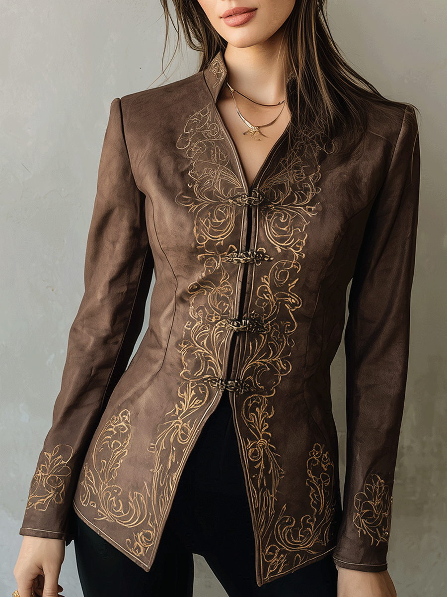 Vintage Brown Embroidered High-Collar Tailored Blouse - Fashionpara