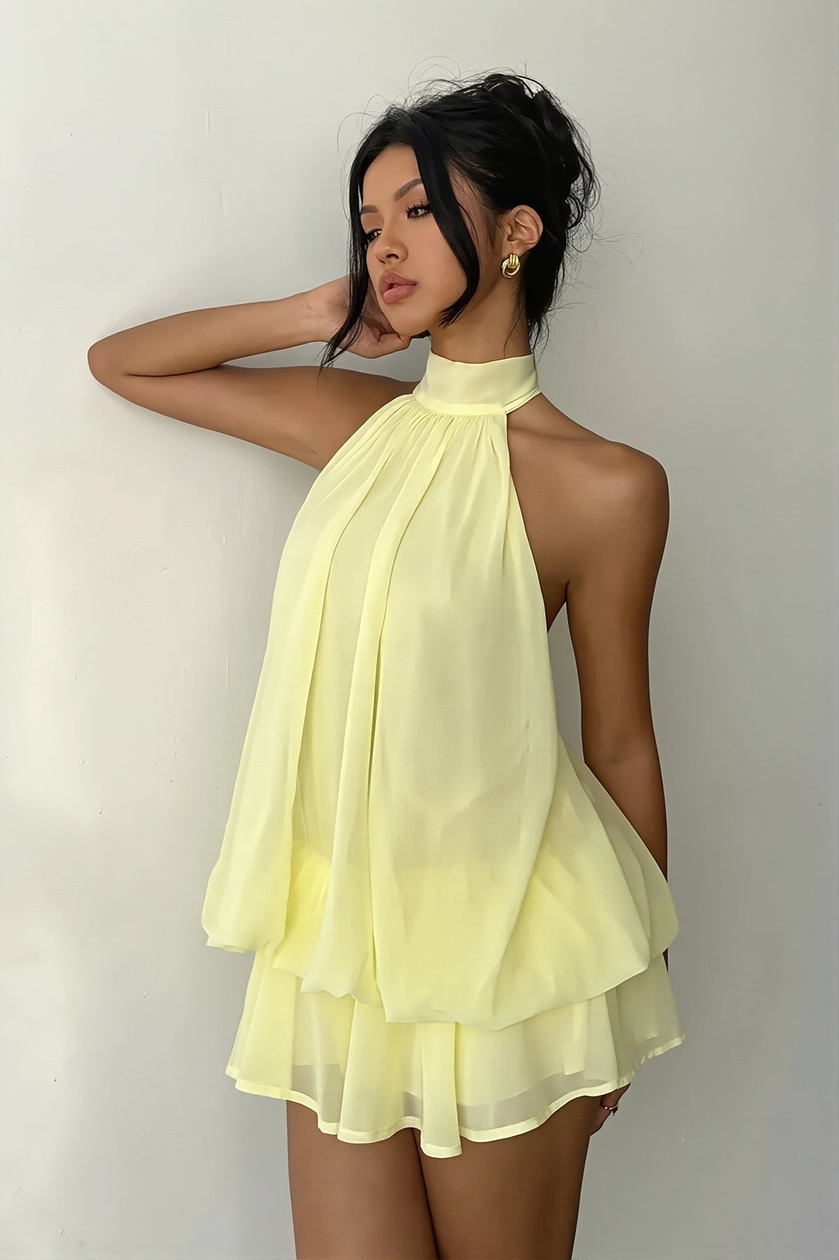 Chiffon Halter Neck Tiered Babydoll Mini Dress
