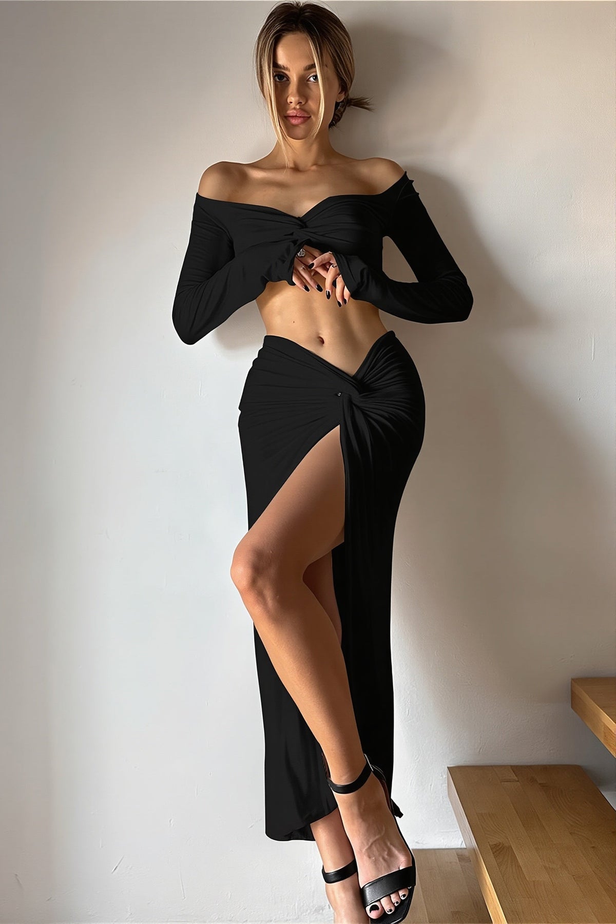 Cross Cropped V-Neck Slit Maxi Skirt Set