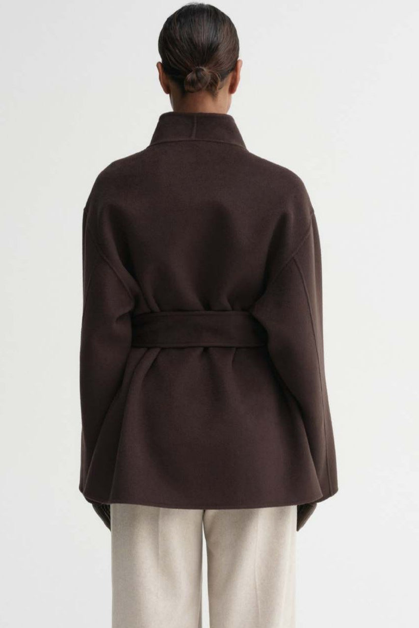 Dark Brown Short Loose Tie Waist Wool Coat 5
