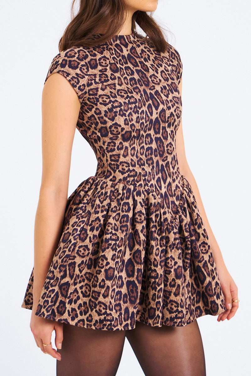 Animal Print Crew Neck Cap Sleeve Dropped Waist Mini Party Dress - View 5