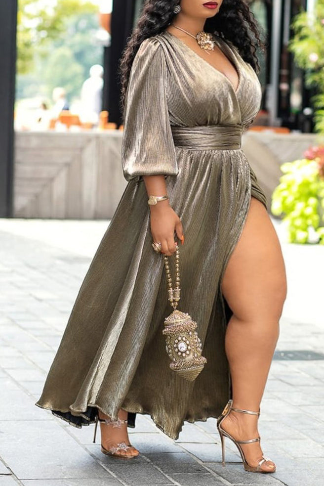 Plus Size Plain Dresses Long Sleeve High Waist Maxi Dress  Fashionpara