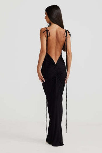 Cowl-Neck Spaghetti-Strap Lace-Up Fishtail Maxi Gown