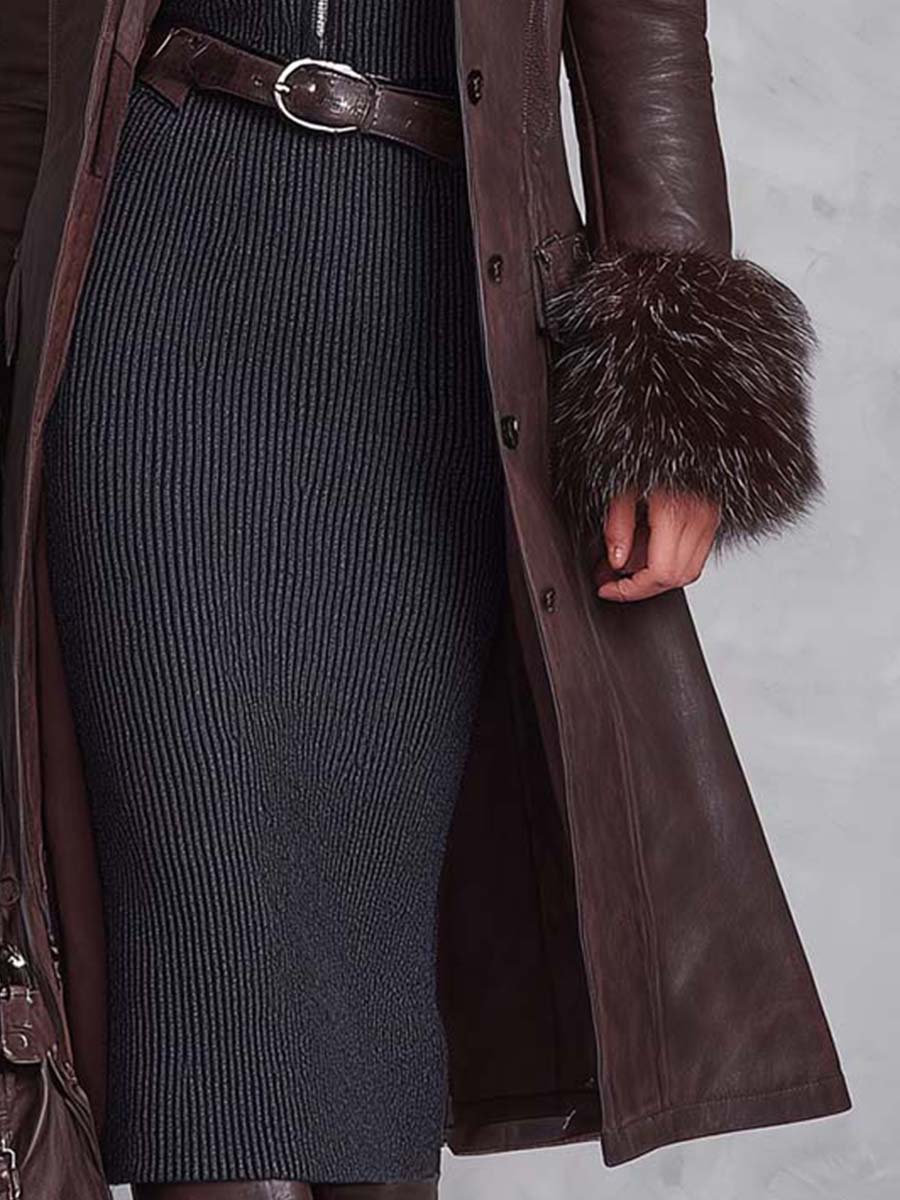 Vintage Reddish Brown Eco-Leather Coat With Detachable Fur Collar - Fashionpara