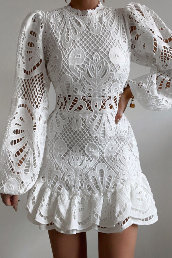 Crochet Lace Mock Neck Waist Cut Out Balloon Sleeve Mini Dress - View 2