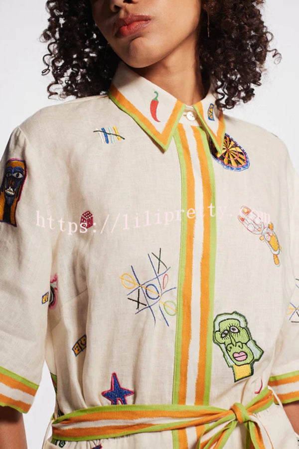 Britt Linen Blend Unique Printed Short Sleeved Pocket Tie Waist Mini Dress - Fashionpara