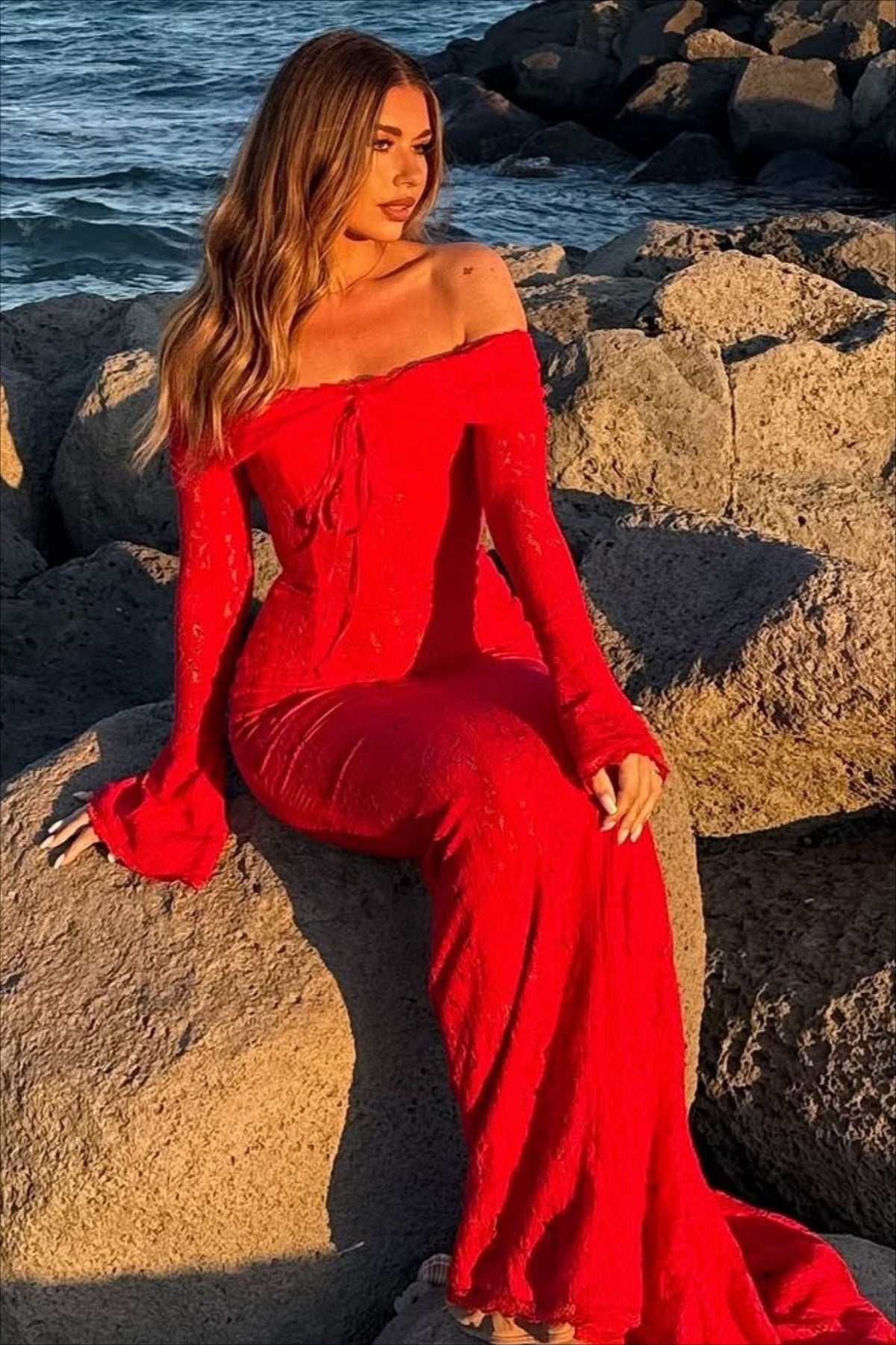 Lace Bustier Bell Sleeve Maxi Dress