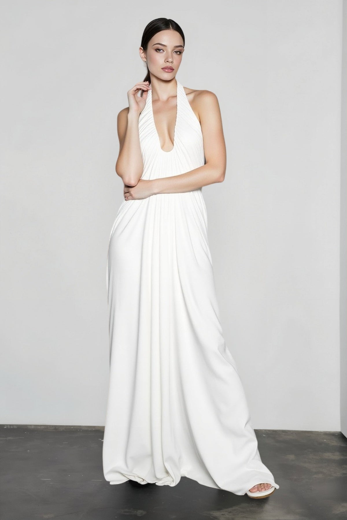 Halter Deep-V Ruched Draped Grecian Column Gown