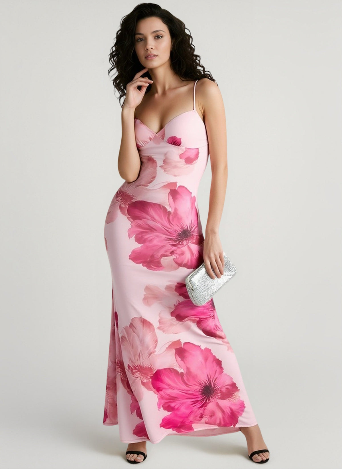 Floral Print Spaghetti Strap Cowl Neck Mermaid Maxi Dress