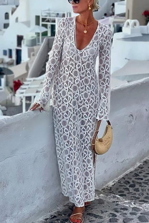 Santorini Sunset Floral Lace Long Sleeve Slit Vacation Maxi Dress - Fashionpara