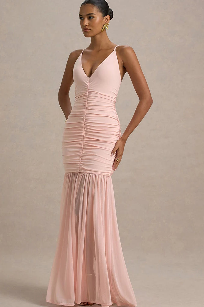 Patchwork V-Neck Ruched Backless Maxi Dress