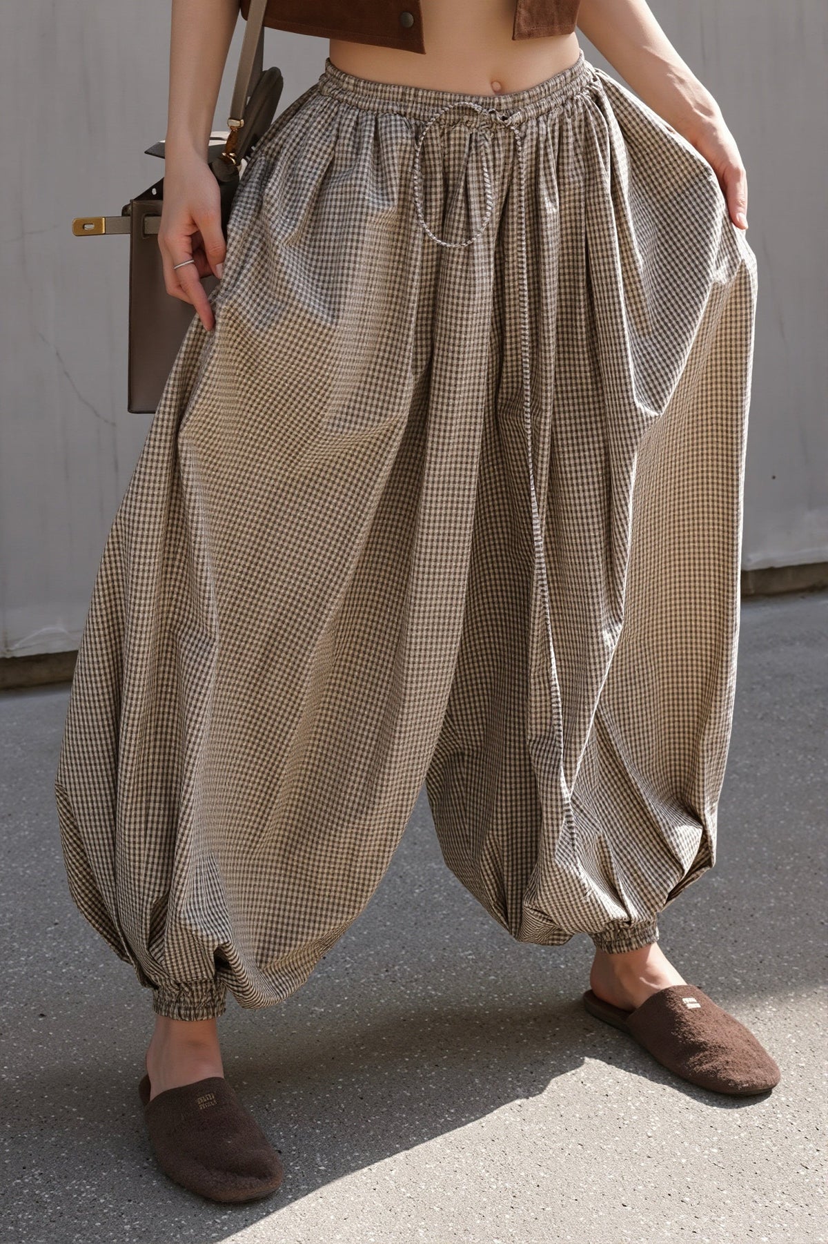 Brown Plaid Elastic Waist Balloon Pants