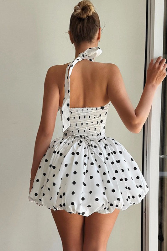 Sexy Polka Dot Halter Backless Mini Dress - Fashionpara