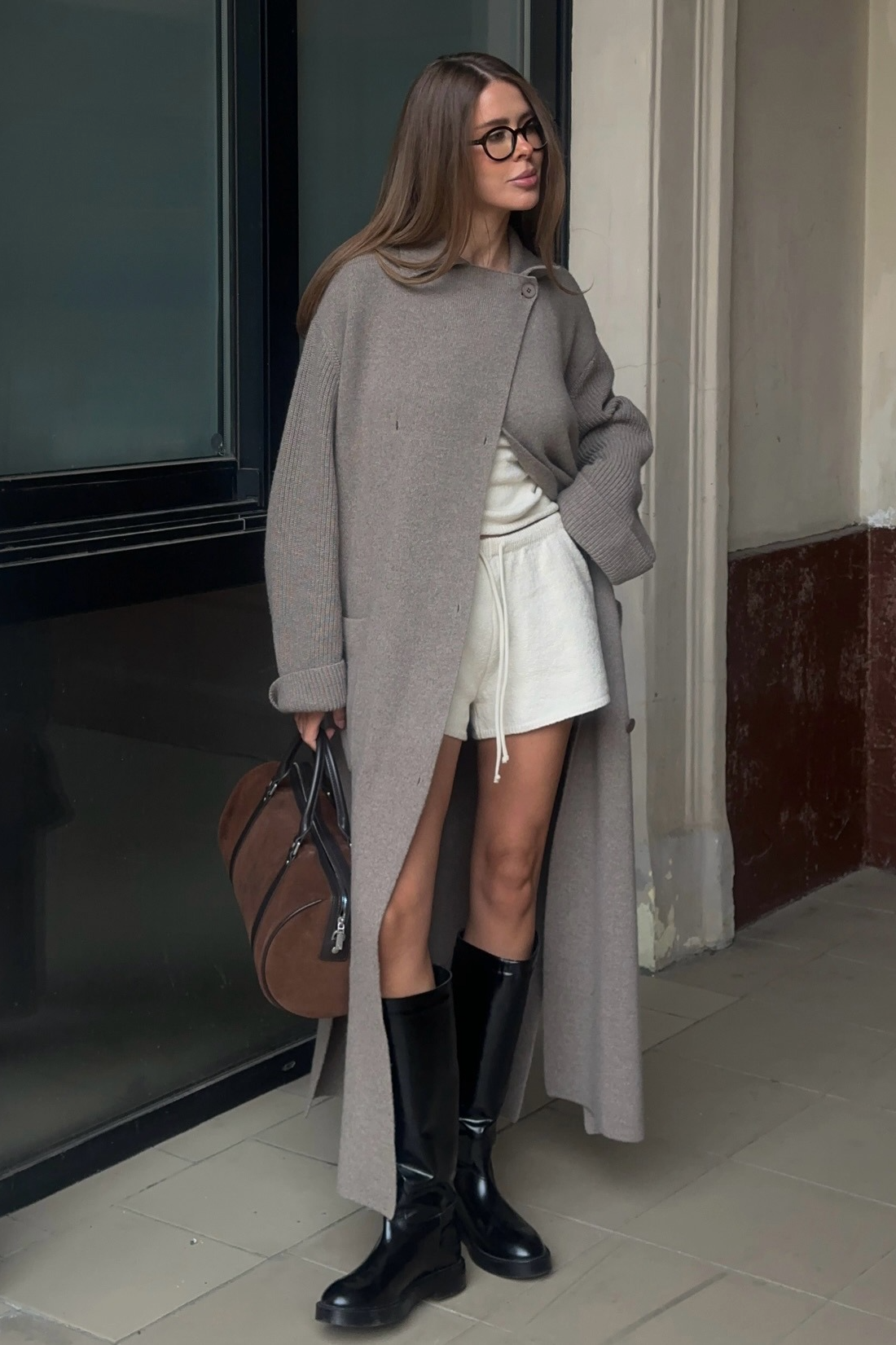 Knitted Blend Notched Lapel Tied Waist Long Overcoat - Fashionpara