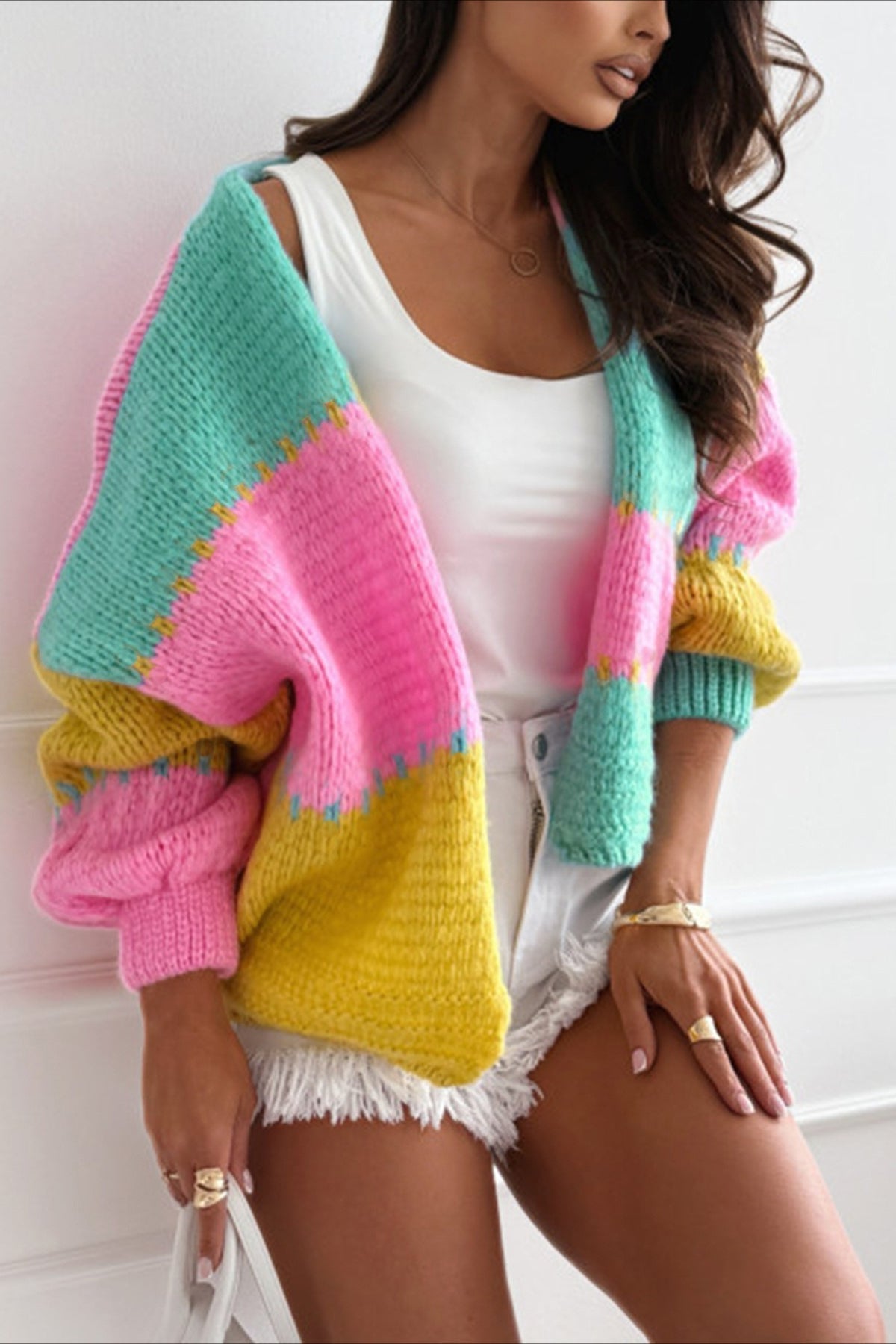 Lazy-Style Color-Block Loose Knit Cardigan