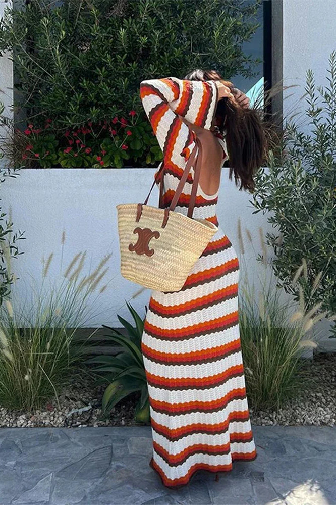 Striped Crochet Knit Long Sleeve Maxi Dress