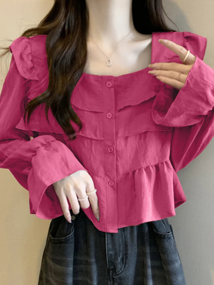 Ruffled Square Neck Flare Sleeve Blouse