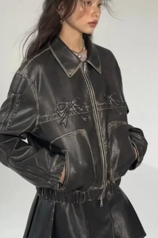 Vintage Faux Leather Bow Jacket