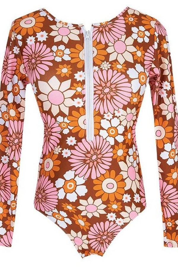 Boho Floral Long Sleeve Zipper Front Rash Guard One-piece Swimsuit Regular price - Fashionpara