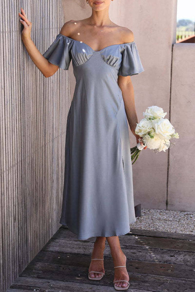 Satin Off Shoulder Sweetheart Ruched Bust Midi Dress