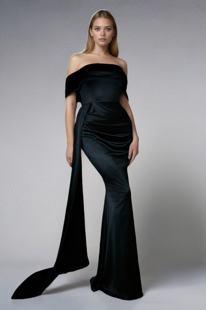 Satin Off-Shoulder Ruched Front-Slit Mermaid Gown 7